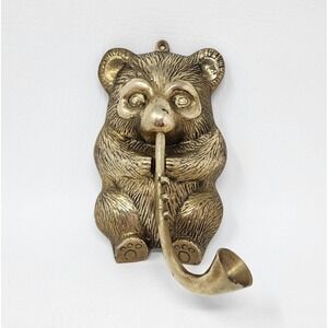 Vintage Brass Teddy Bear Playing Horn Wall Hook Music Themed Decor Patina 4"x6"